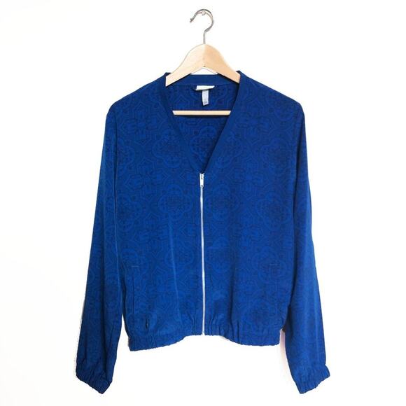 ADIDAS Neo Jacket Blue Satin Patterned Track Bomber Lightweight Large - Picture 1 of 7